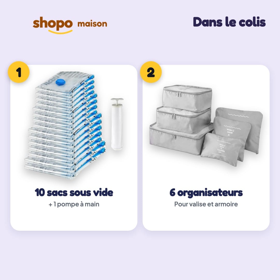 Pack Rangement Sous Vide 2-en-1 : 10 sacs sous vide avec pompe, 6 organisateurs de valise, photo 2