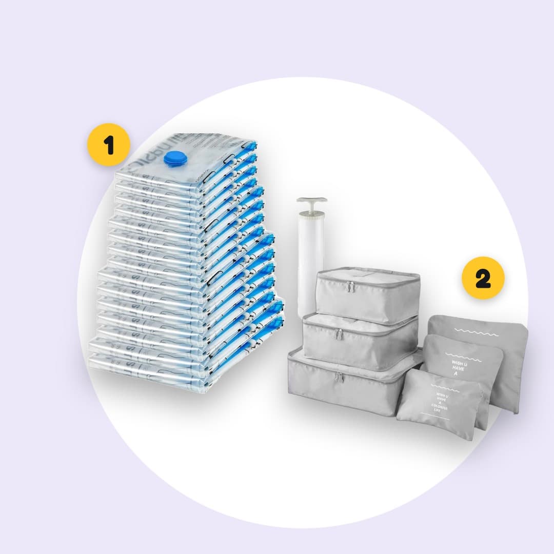 Pack Rangement Sous Vide 2-en-1 : 10 sacs sous vide avec pompe, 6 organisateurs de valise