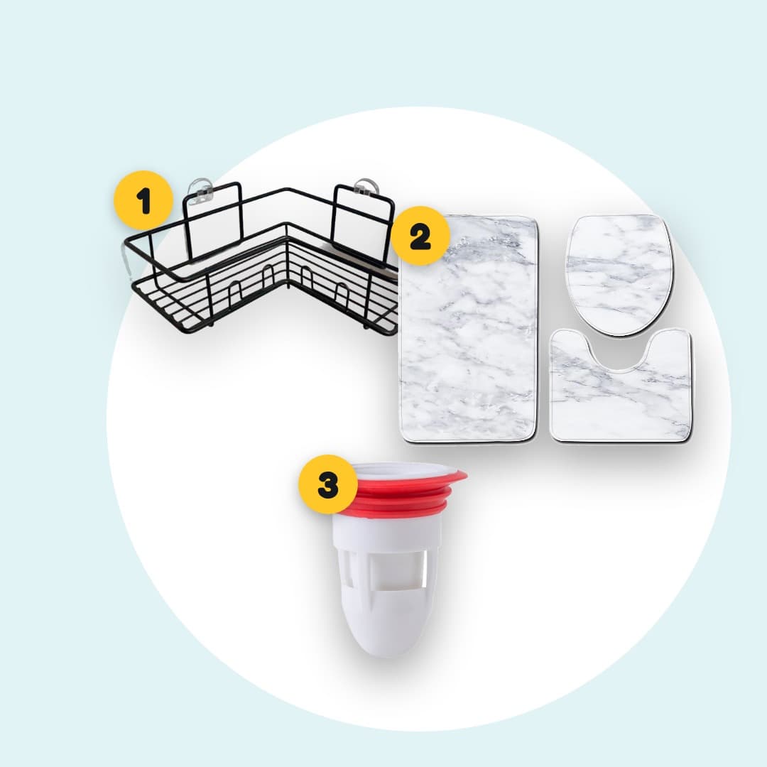 Pack Salle de Bain Rangée 3-en-1 : étagères de douche, 3 tapis assortis, bonde anti-odeurs
