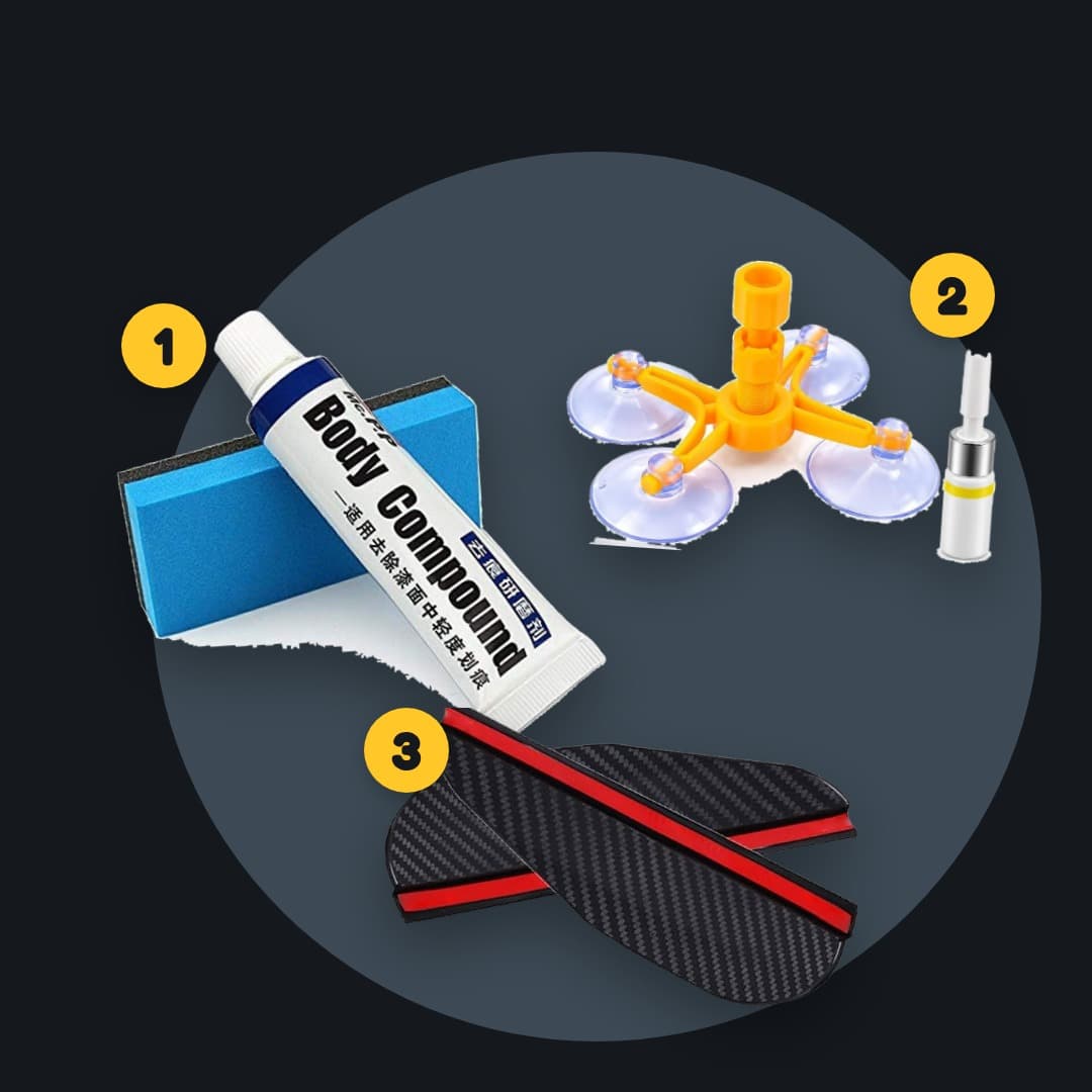 Pack Voiture Comme Neuve 3-en-1 : crème anti-rayures, kit réparation pare-brise, déflecteurs de pluie