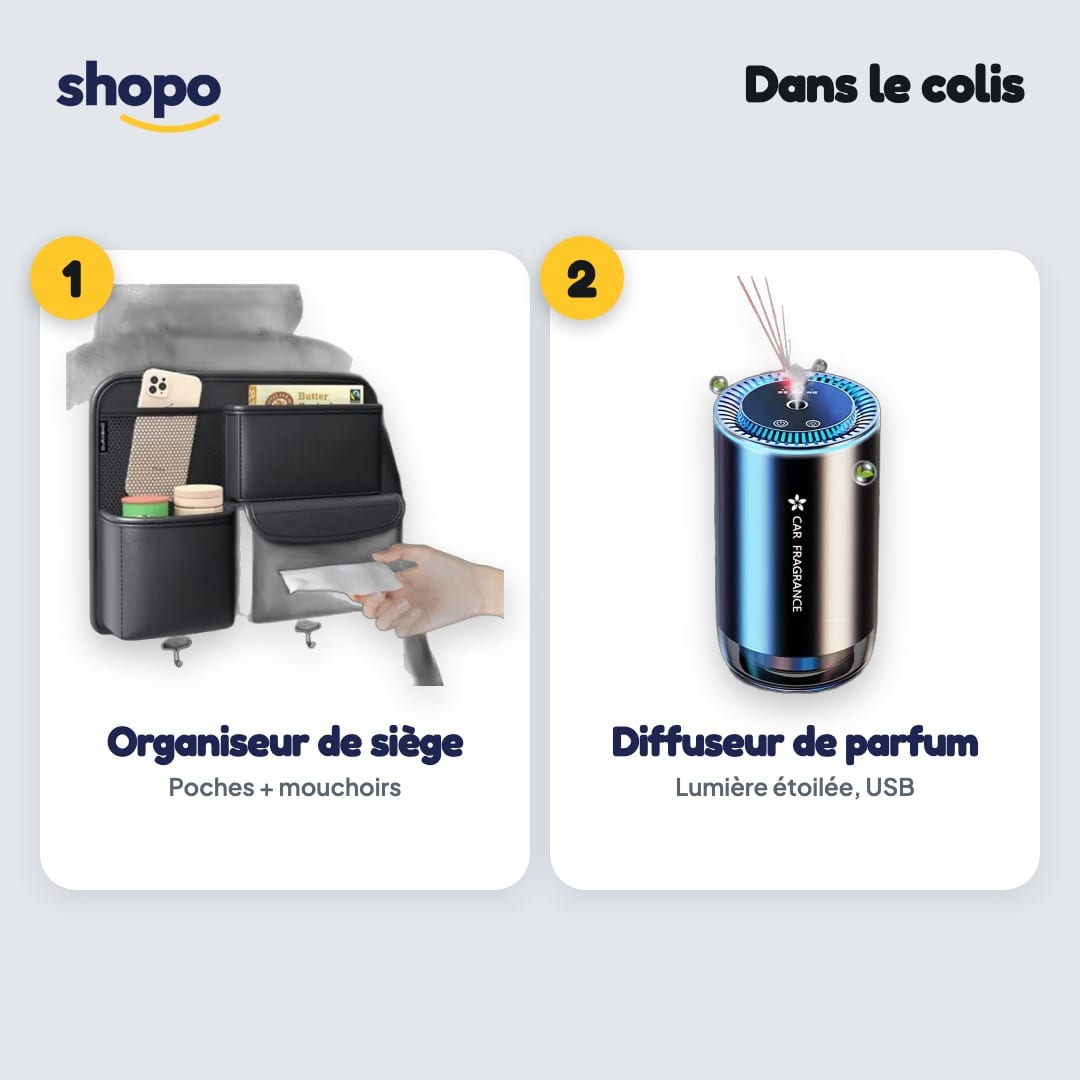 Pack Voiture Rangée & Parfumée 2-en-1 : organiseur de siège + diffuseur de parfum lumineux, photo 2