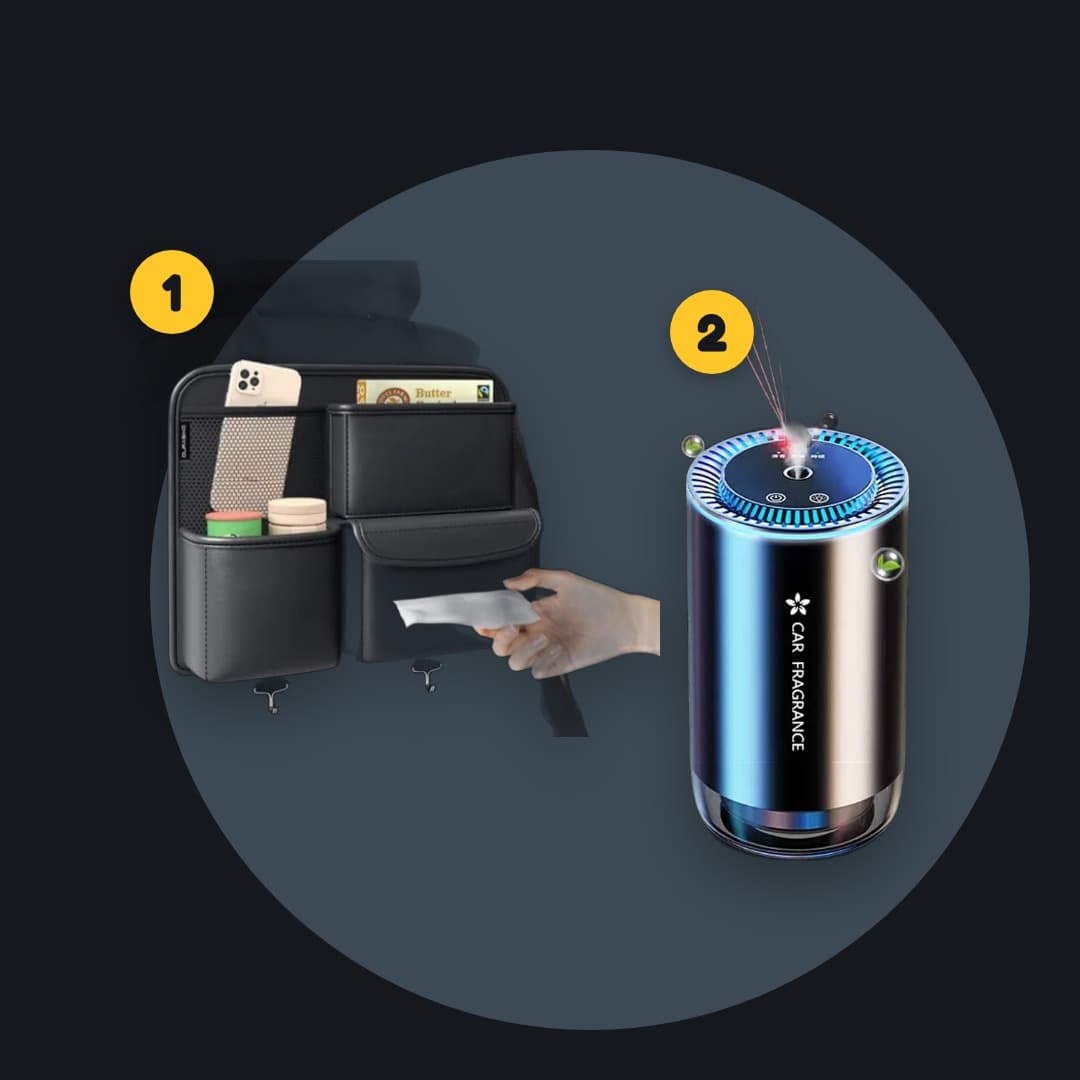 Pack Voiture Rangée & Parfumée 2-en-1 : organiseur de siège + diffuseur de parfum lumineux
