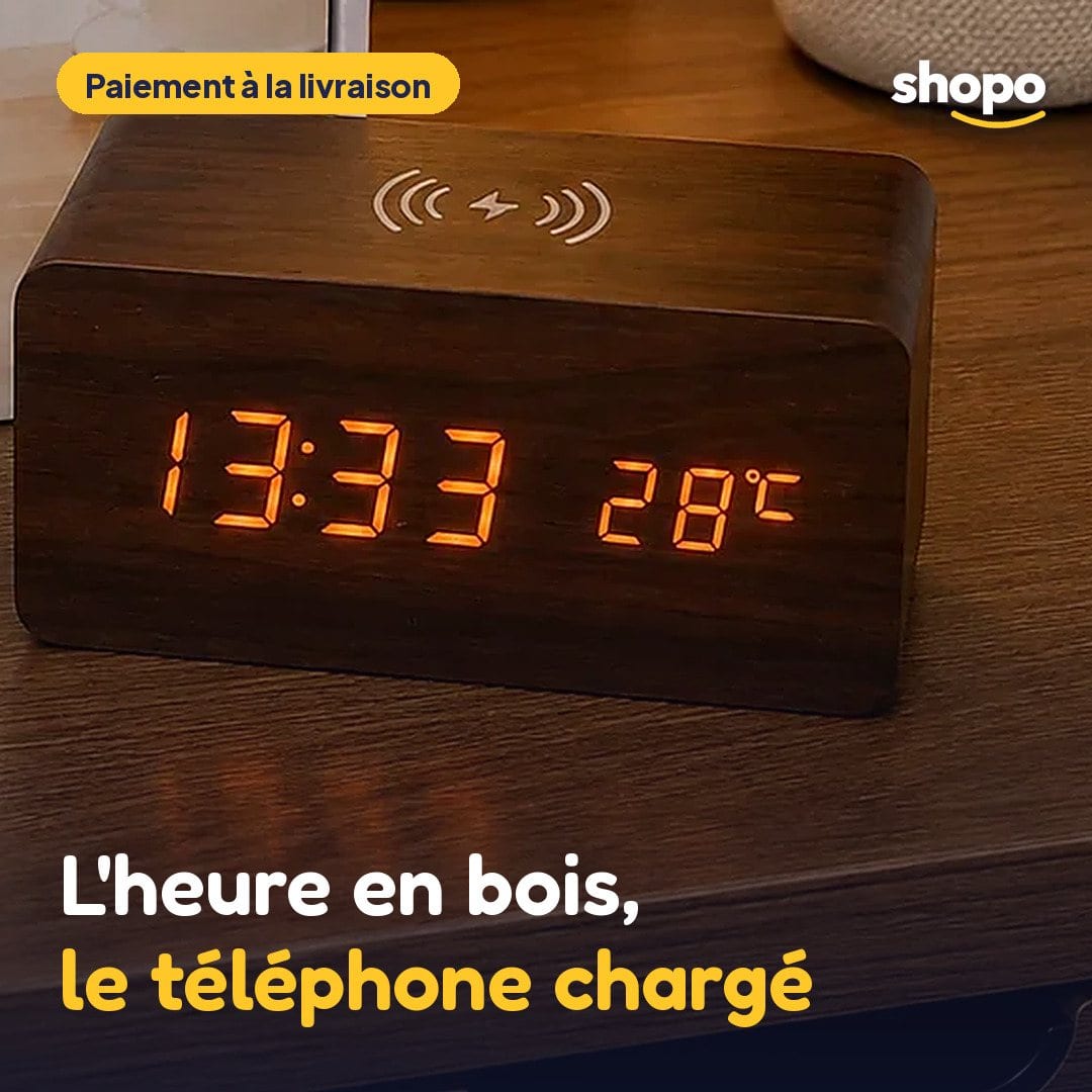 Réveil digital effet bois avec recharge sans fil, photo 1