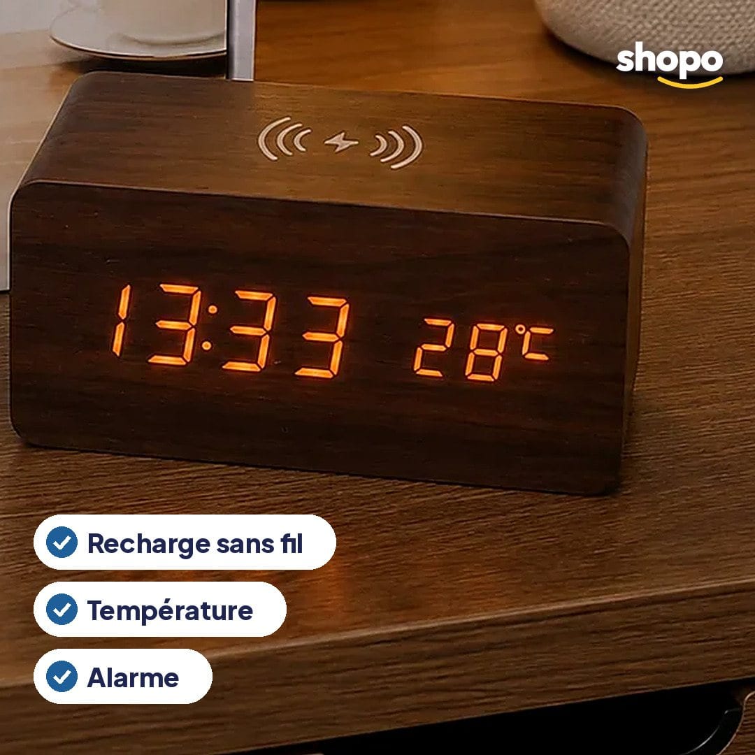 Réveil digital effet bois avec recharge sans fil, photo 2