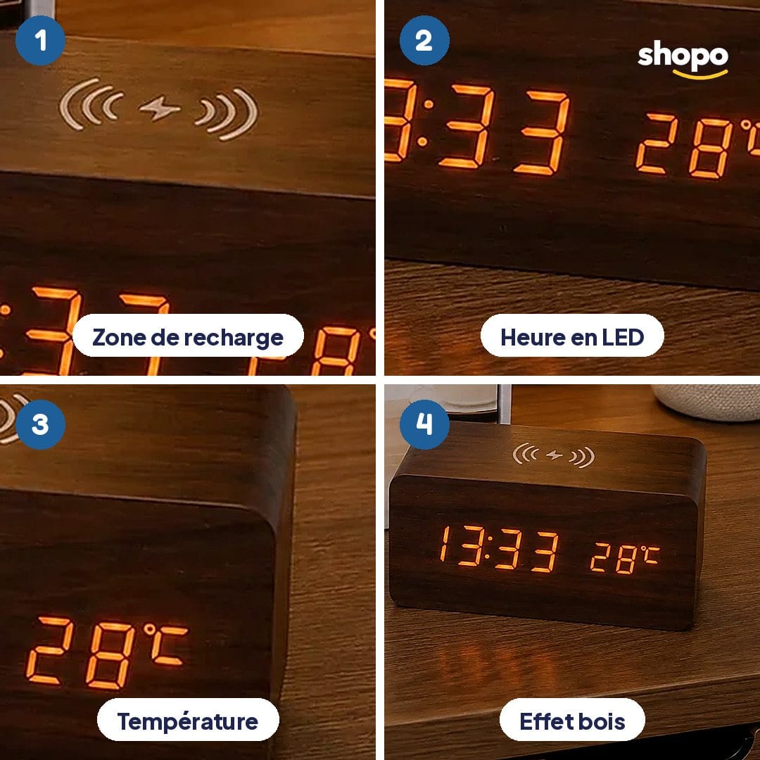 Réveil digital effet bois avec recharge sans fil, photo 3
