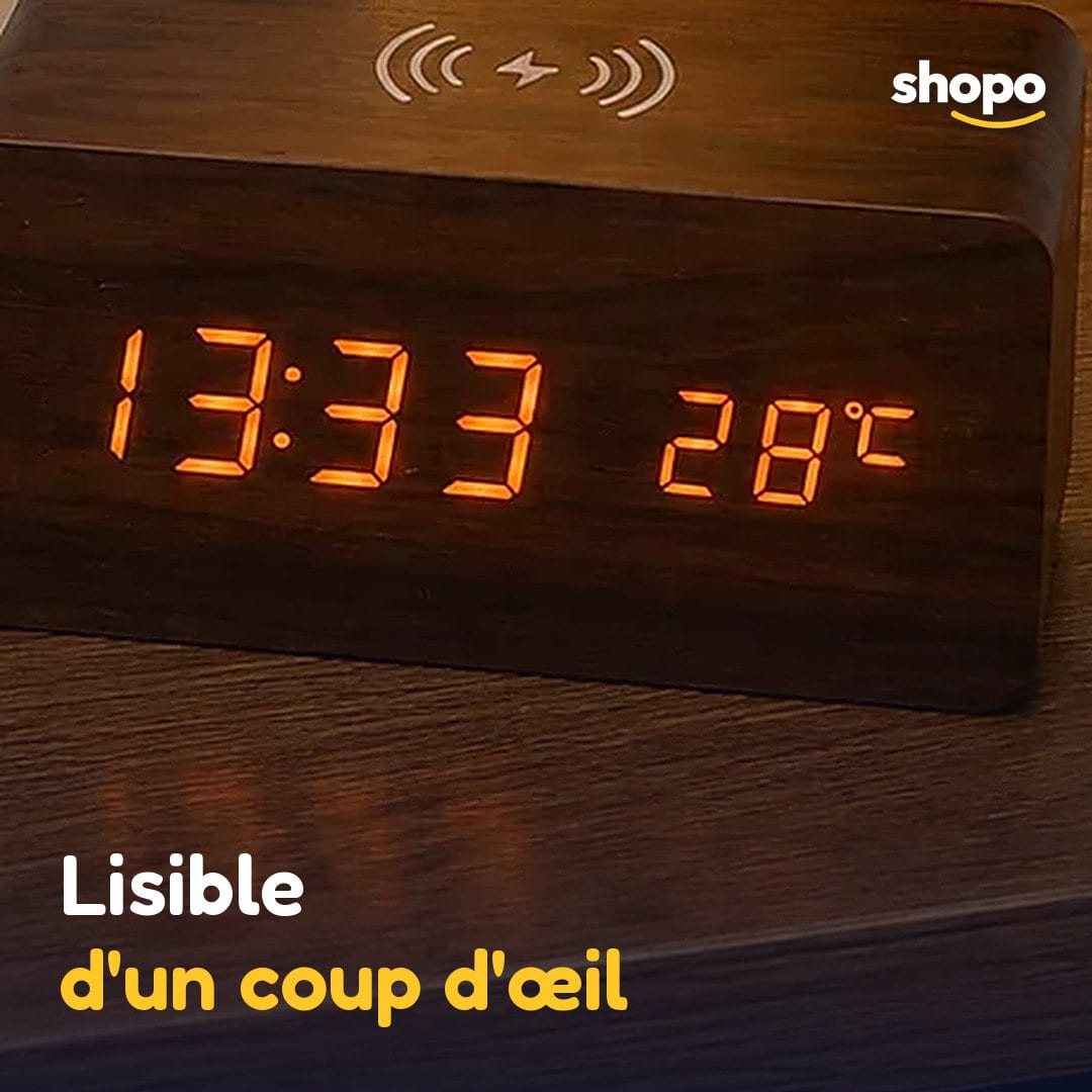 Réveil digital effet bois avec recharge sans fil, photo 4