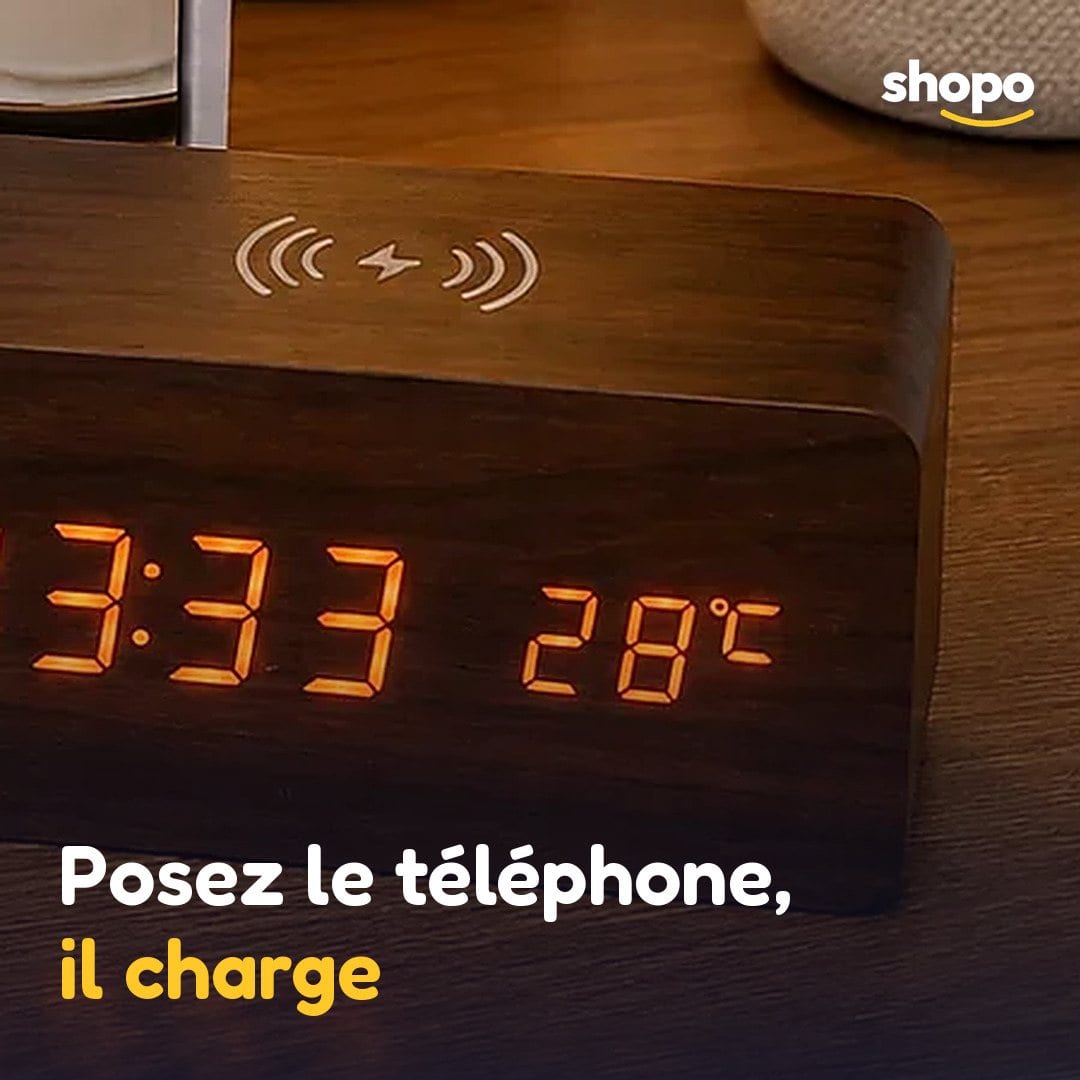 Réveil digital effet bois avec recharge sans fil, photo 5