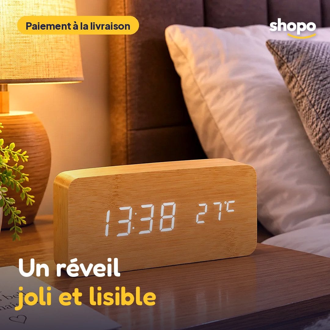Réveil numérique LED effet bois, heure et température, photo 1