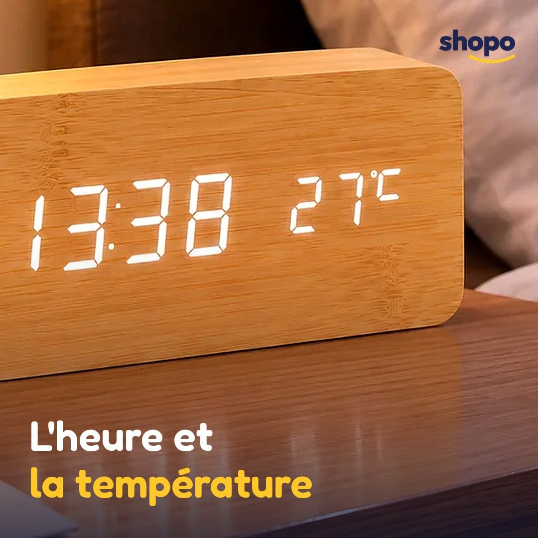 Réveil numérique LED effet bois, heure et température, photo 4