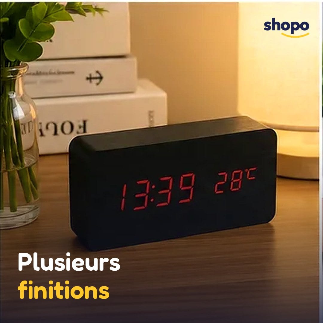 Réveil numérique LED effet bois, heure et température, photo 5
