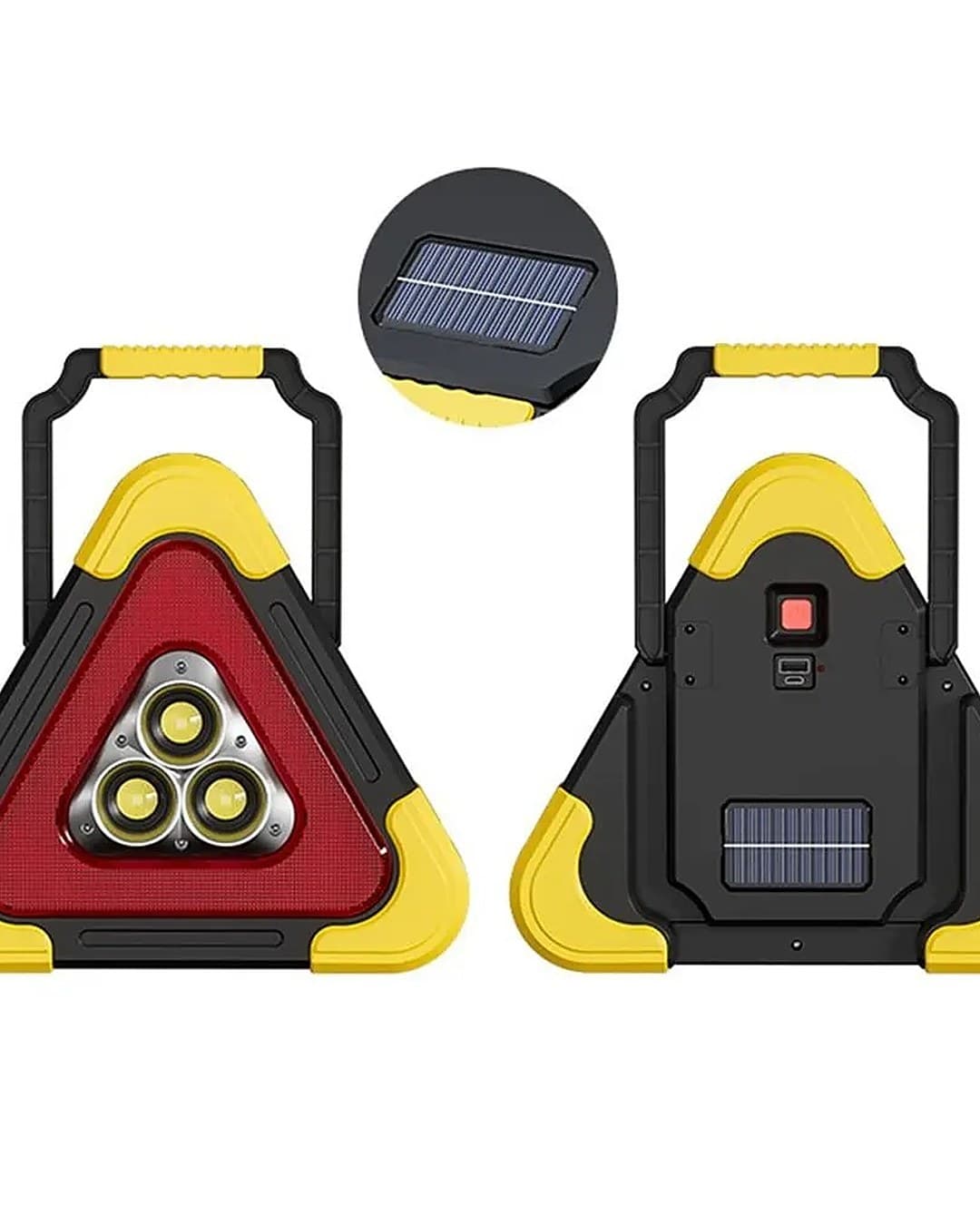 Le triangle LED de face avec ses 3 lampes, et de dos avec sa poignée, son port USB et son panneau solaire