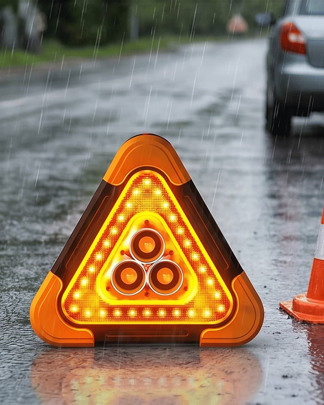 Le triangle LED allumé sur une route mouillée, à côté d'un cône de signalisation